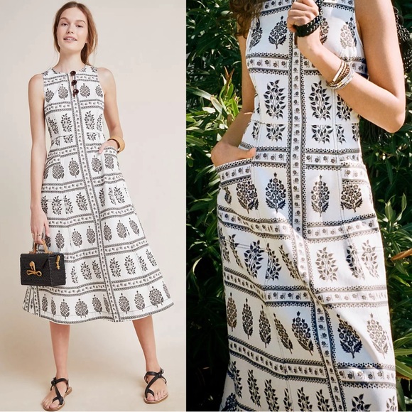 ANTHROPOLOGIE Dark Brown & White Floral Printed Sleeveless Midi Dress w/ Pockets